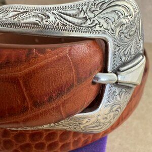 Belt. Genuine Italian Calfskin, silver colored engraved buckle,  size 40